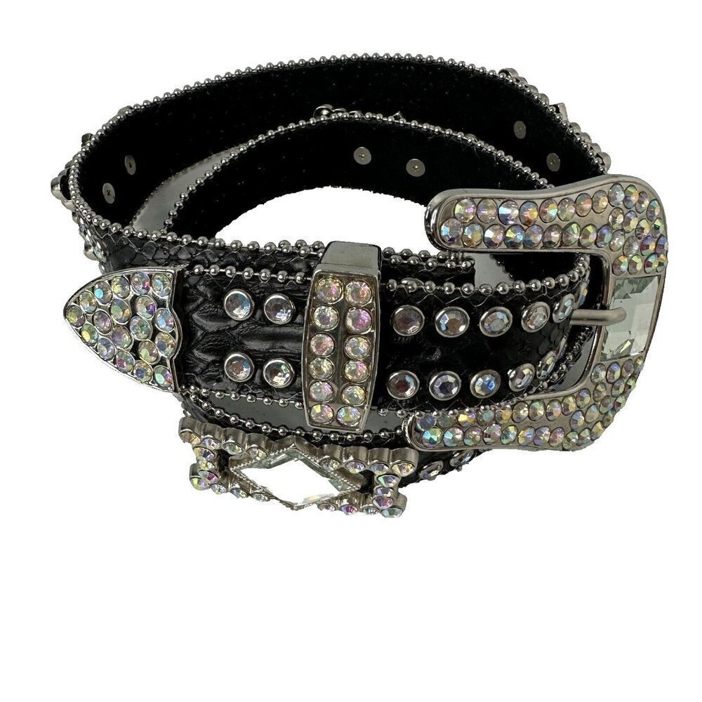 Nocona Black Leather Belt Crystal Rhinestone Aurora Borealis M/L